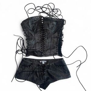 Jaded London Longline Lace Up Corset + Whipstitch Shorts in Black